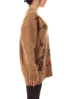 Akep maglia con ricami da donna tabacco