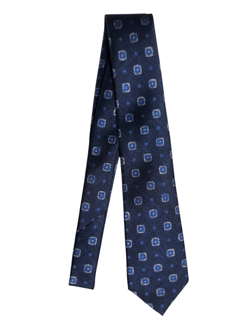 Kiton cravatta 7 pieghe in seta blu a fantasia da uomo
