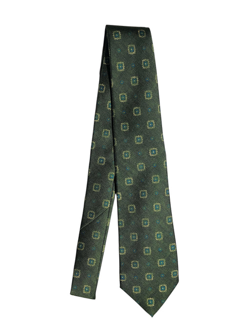 Kiton cravatta 7 pieghe in seta stampata verde da uomo