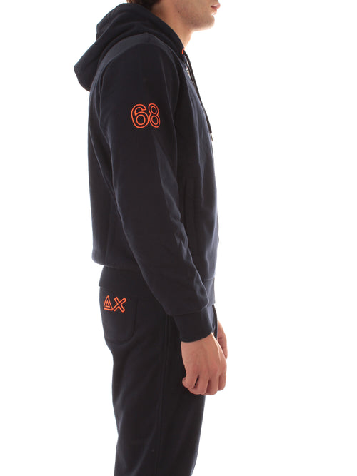 Sun 68 felpa in cotone con cappuccio e logo fluo da uomo navy blue