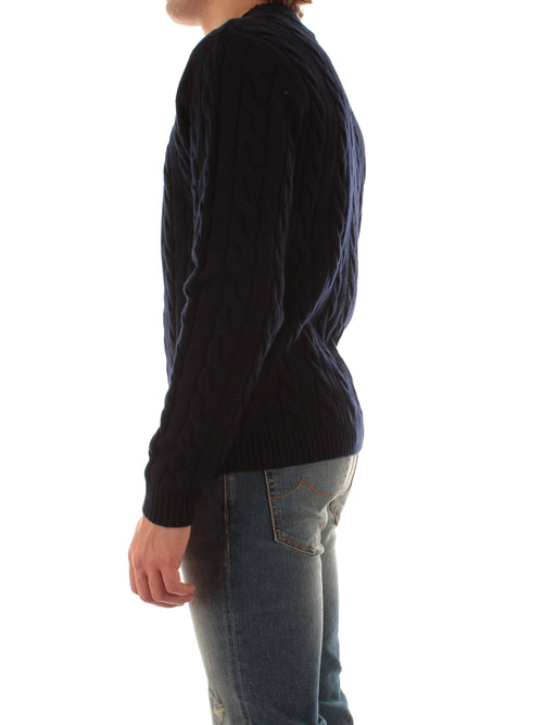 Sun 68 maglia girocollo in misto lana a trecce da uomo navy blue