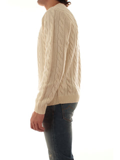 Sun 68 maglia girocollo in misto lana a trecce da uomo bianco panna