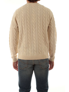 Sun 68 maglia girocollo in misto lana a trecce da uomo bianco panna