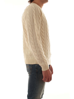 Sun 68 maglia girocollo in misto lana a trecce da uomo bianco panna