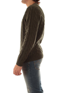 Sun 68 maglia girocollo in misto lana a trecce da uomo militare scuro