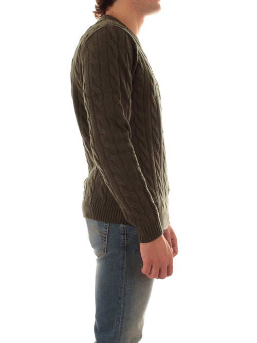 Sun 68 maglia girocollo in misto lana a trecce da uomo militare scuro