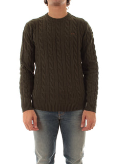 Sun 68 maglia girocollo in misto lana a trecce da uomo militare scuro
