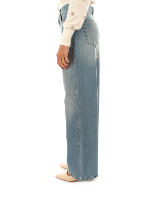 Twinset jeans wide leg con strass da donna denim chiaro