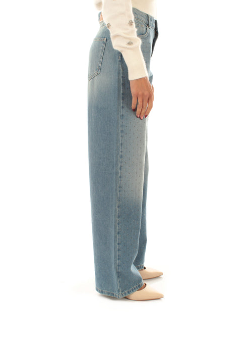 Twinset jeans wide leg con strass da donna denim chiaro