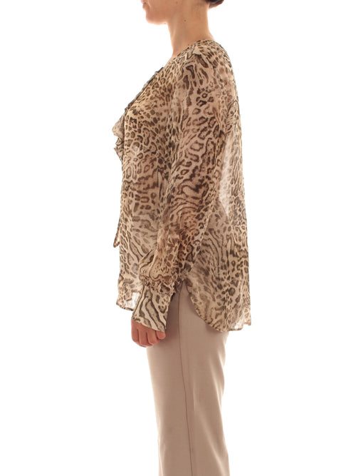 Elena Mirò blusa animalier con jabot da donna beige