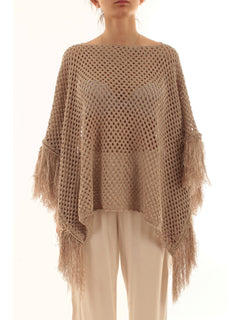 Akep poncho in punto rete con micropaillettes da donna ecru