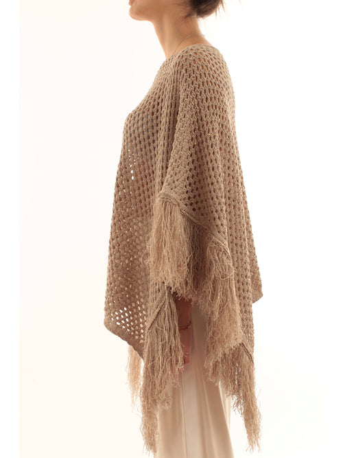 Akep poncho in punto rete con micropaillettes da donna ecru