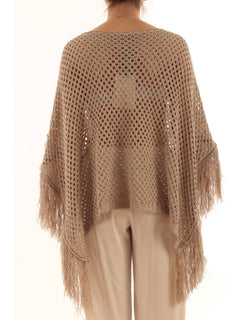 Akep poncho in punto rete con micropaillettes da donna ecru