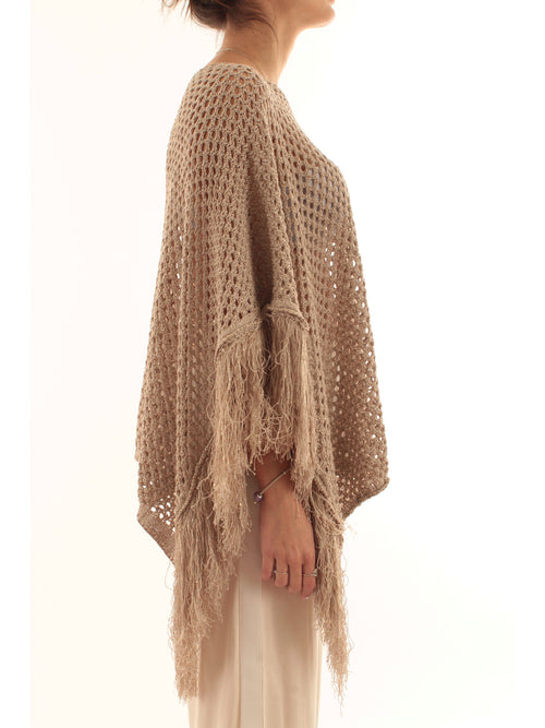 Akep poncho in punto rete con micropaillettes da donna ecru