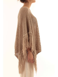 Akep poncho in punto rete con micropaillettes da donna ecru
