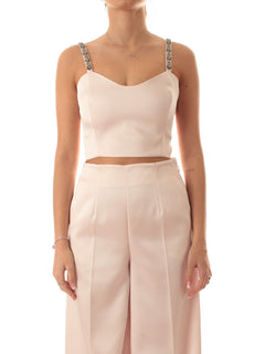 Twinset top cropped in duchesse con ricamo da donna sabbia rosa