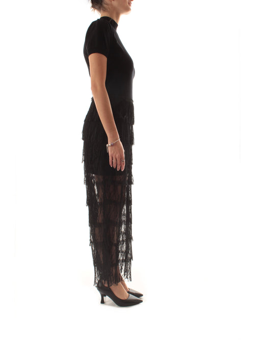 Twinset abito lungo in maglia e pizzo plumetis nero da donna