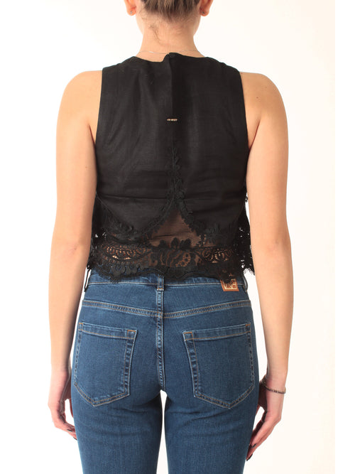 Twinset top in lino con pizzo da donna nero