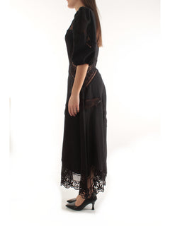 Twinset abito lungo in misto lino con ricami da donna nero