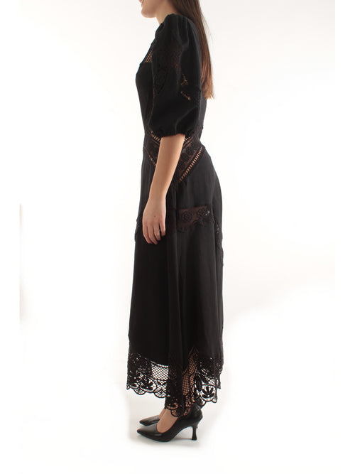 Twinset abito lungo in misto lino con ricami da donna nero