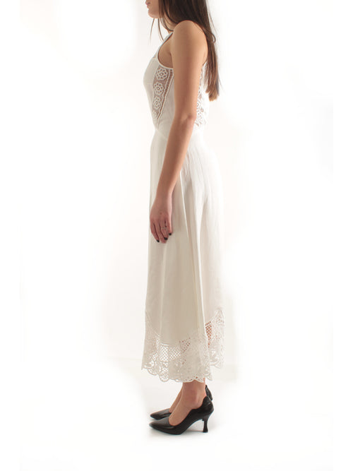 Twinset abito lungo in misto lino con ricami da donna bianco ottico