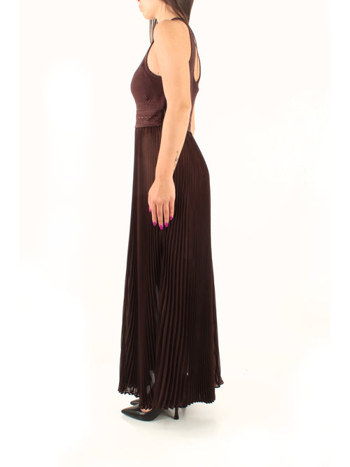 Twinset Abito lungo in maglia e georgette plissé da donna coffee liqueur
