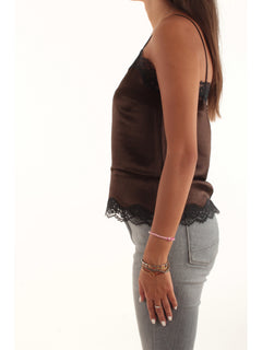 Twinset Top in raso froissé e pizzo da donna marrone