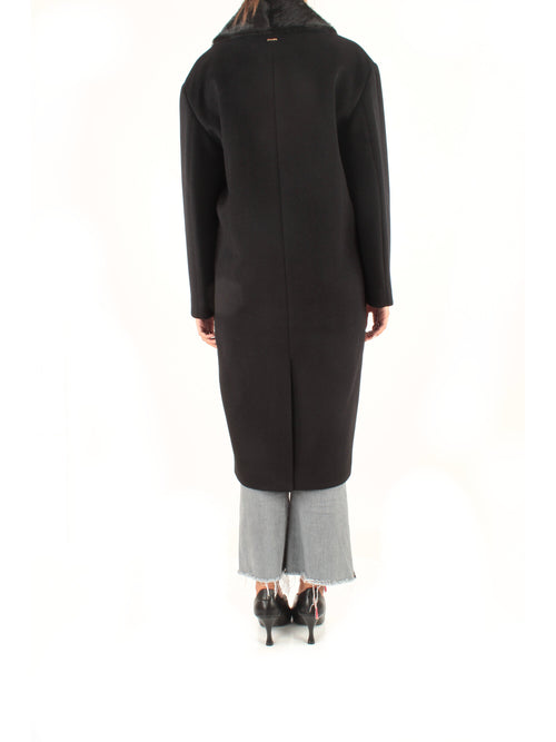 Twinset cappotto lungo in panno con collo effetto pelliccia da donna nero