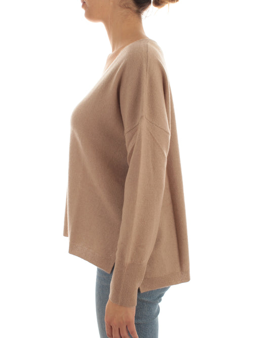 T by Cashmere maglia over con scollo a V in puro cashmere da donna camel