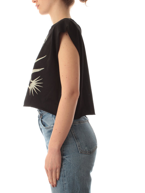 Akep T-shirt manicata cropped in cotone da donna nero