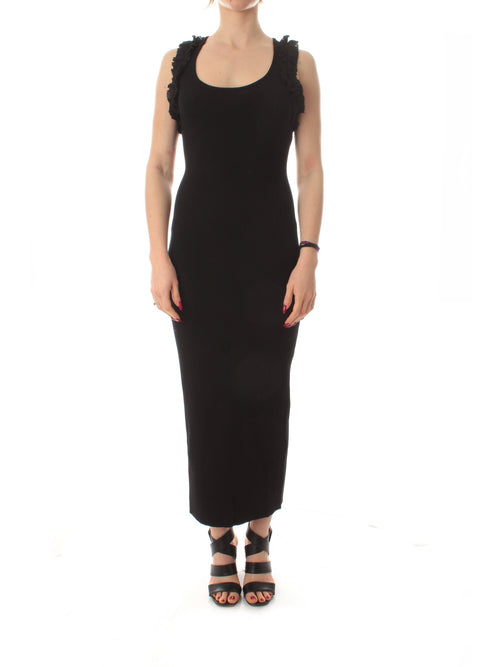 Twinset Actitude abito lungo fitted a costine con volant da donna nero