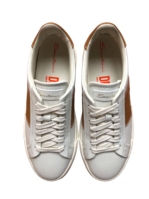 Santoni double buckle sneaker da uomo in pelle bianco/cammello