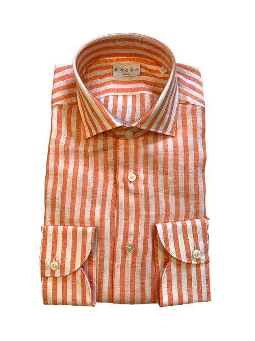Xacus camicia classica da uomo a righe in lino bianco/arancio