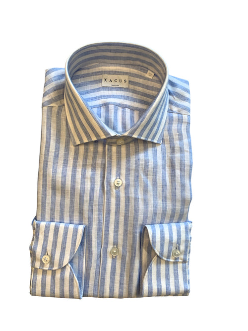 Xacus camicia classica da uomo a righe in lino bianco/azzurro