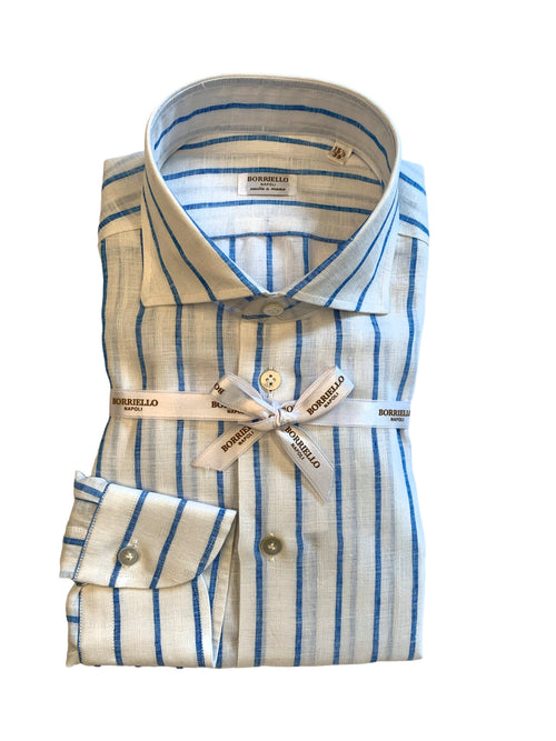 Borriello camicia in puro lino rigato da uomo bianco/azzurro