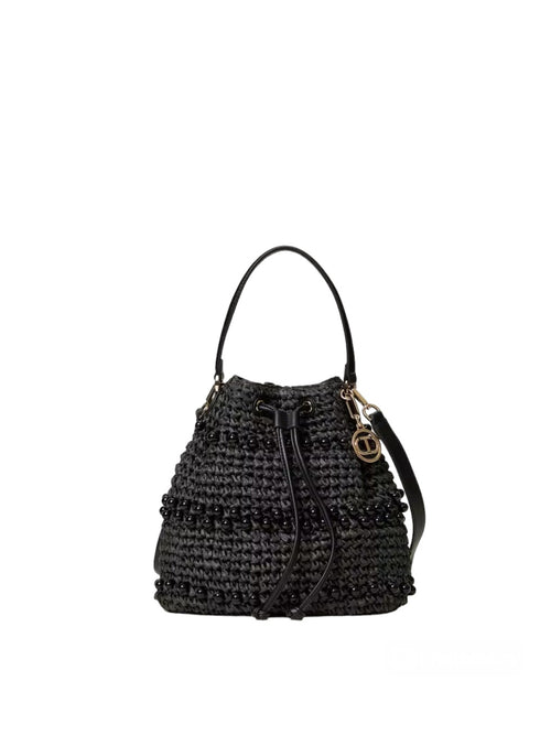 Twinset borsa secchiello in rafia crochet con perle da donna nero