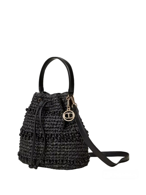 Twinset borsa secchiello in rafia crochet con perle da donna nero