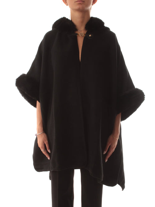 Twinset poncho con inserti in ecopelliccia da donna nero