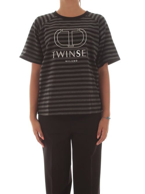 Twinset t-shirt a righe con logo Oval T da donna antracite/nero