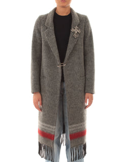 Guttha cappotto con frange e spilla gioiello da donna grigio