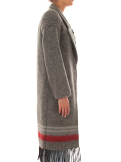 Guttha cappotto con frange e spilla gioiello da donna grigio