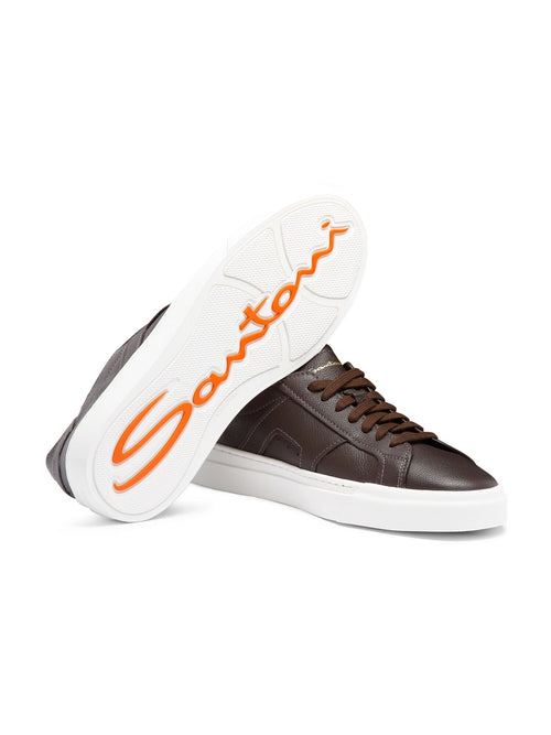 Santoni double buckle sneaker in pelle bottalata da uomo dark brown