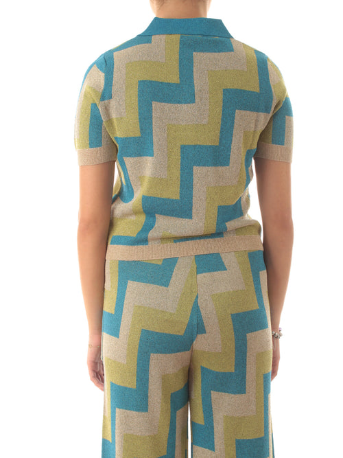 Akep polo in maglia a righe con lurex da donna turchese/oro/verde