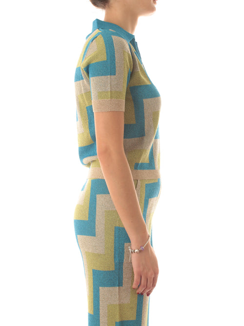 Akep polo in maglia a righe con lurex da donna turchese/oro/verde