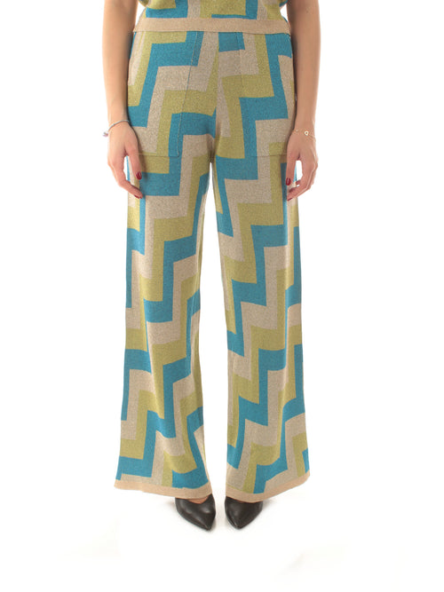 Akep pantalone jacquard con lurex da donna turchese/oro/verde