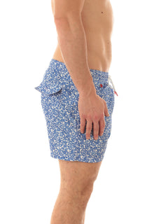 Kiton boxer mare in microfibra da uomo fondo azzurro con fiore bianco
