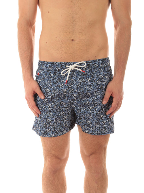 Kiton boxer mare in microfibra da uomo fondo blu con fiore bianco