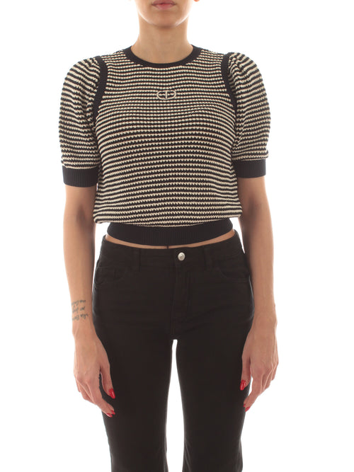 Twinset maglia a righe con Oval T da donna neve/blue night