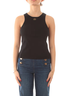 Twinset top fitted a costine con Oval T da donna nero