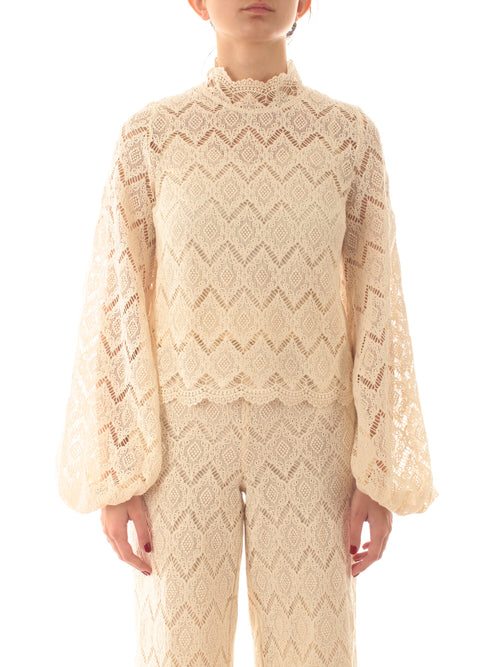 Twinset blusa in pizzo macramè da donna delicate beige